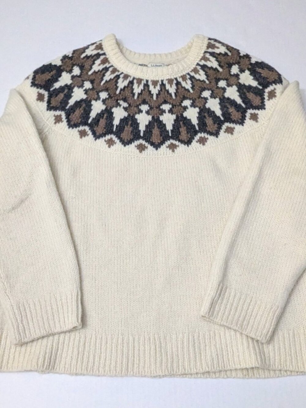 L.L. Bean Women’s Lambs Wool Fair Isle Cream Knit Sweater Crew Neck Size L